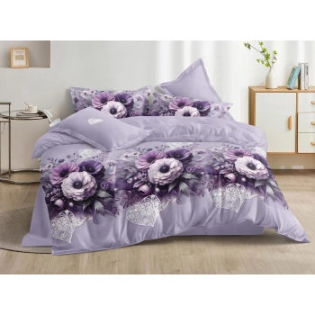 Pościel 200x220 bawełna satynowa fioletowe kwiaty - komplet PK813  z PRZEŚCIERADŁEM